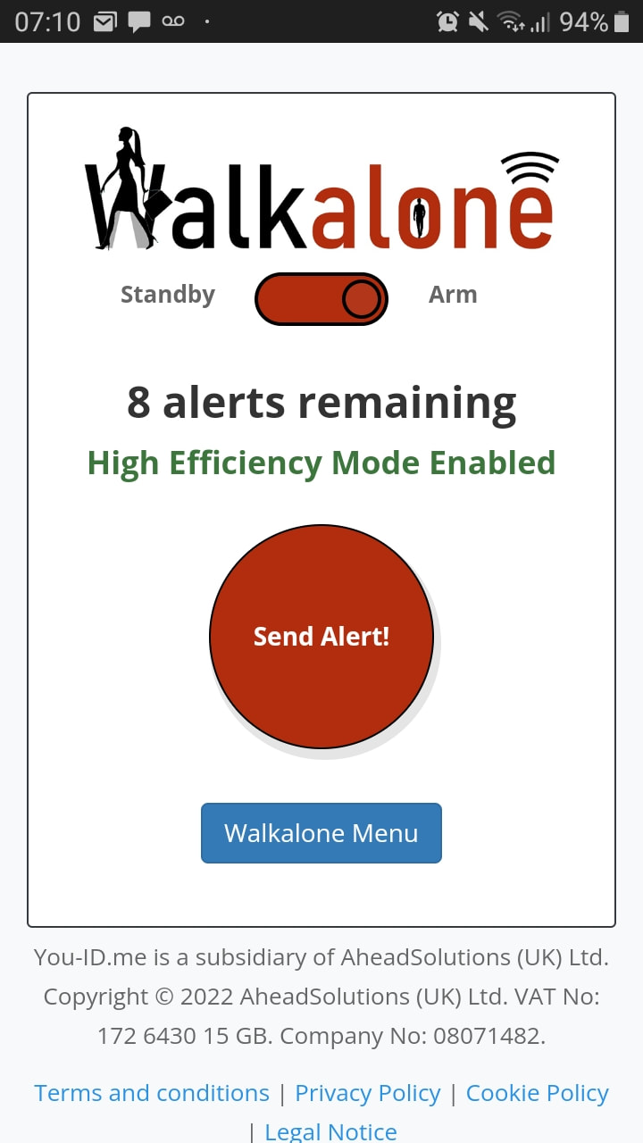 Walkalone personal safety tool - User sees if high efficiency mode switched on